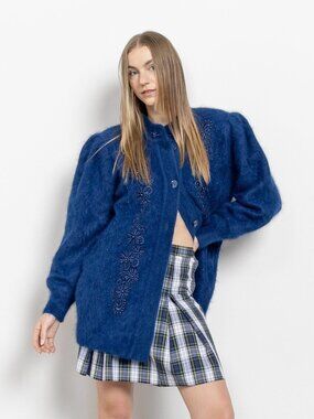 BLUE ANGORA CARDIGAN Beaded Longline Vintage Jumper Wool Lined Embellished Cozy